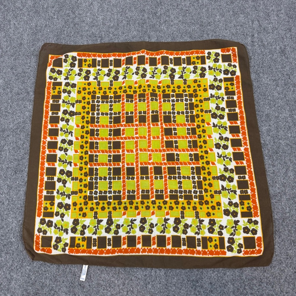 Vintage 70s Floral Geometric Cotton Scarf Made in France Brown Green Orange 21in